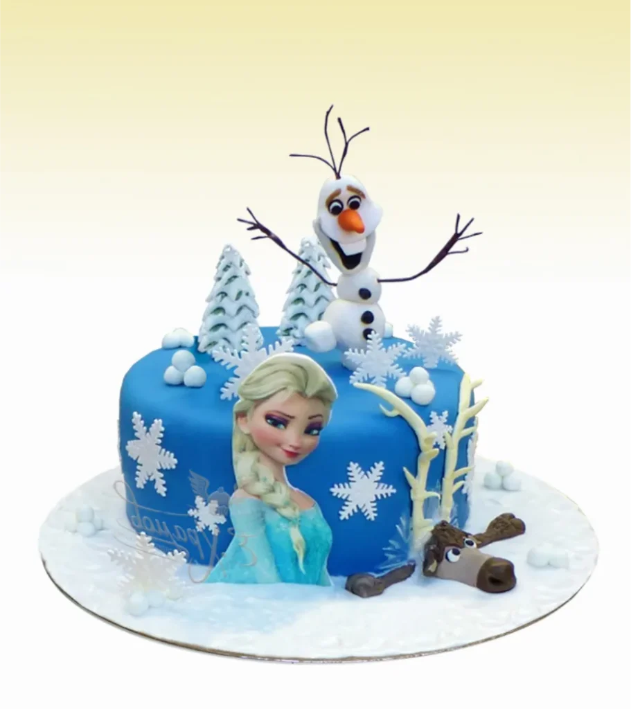 Tarta infantil personalizada de Frozen con fondant artesanal en Madrid