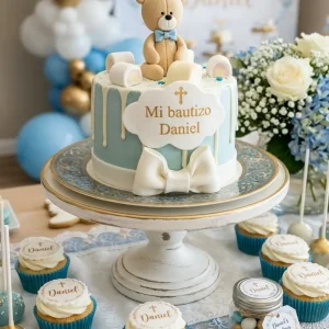 Mesa dulce de bautizo completa con tarta de osito cupcakes cake pops y galletas Pastelería Dulce Vida Madrid