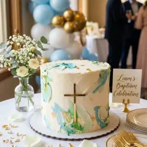 Tarta de bautizo con acabado acuarela en tonos azules cruz dorada y pan de oro Pastelería Dulce Vida Madrid