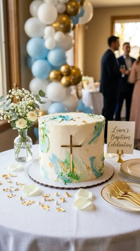 Tarta de Bautizo Acuarela con Cruz y Pan de Oro Madrid