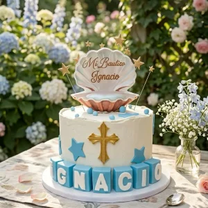 Tarta de bautizo con concha cruz dorada estrellas azules y nombre del bebé en bloques de fondant Pastelería Dulce Vida Madrid