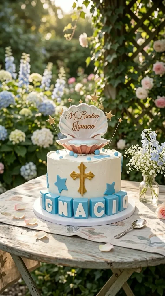 Tarta de Bautizo con Concha Cruz Dorada y Nombre en Bloques Madrid