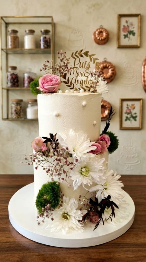 Tarta de boda personalizada con flores naturales y fondant blanco en Madrid