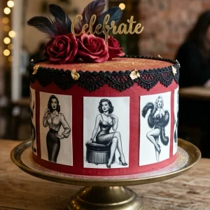 Tarta erótica de fondant negra con lazo rojo e imágenes personalizadas en Madrid Barajas.