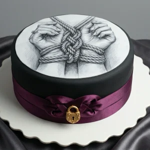 Tarta personalizada con fotografía comestible y detalles de raso para eventos de adultos en Madrid.