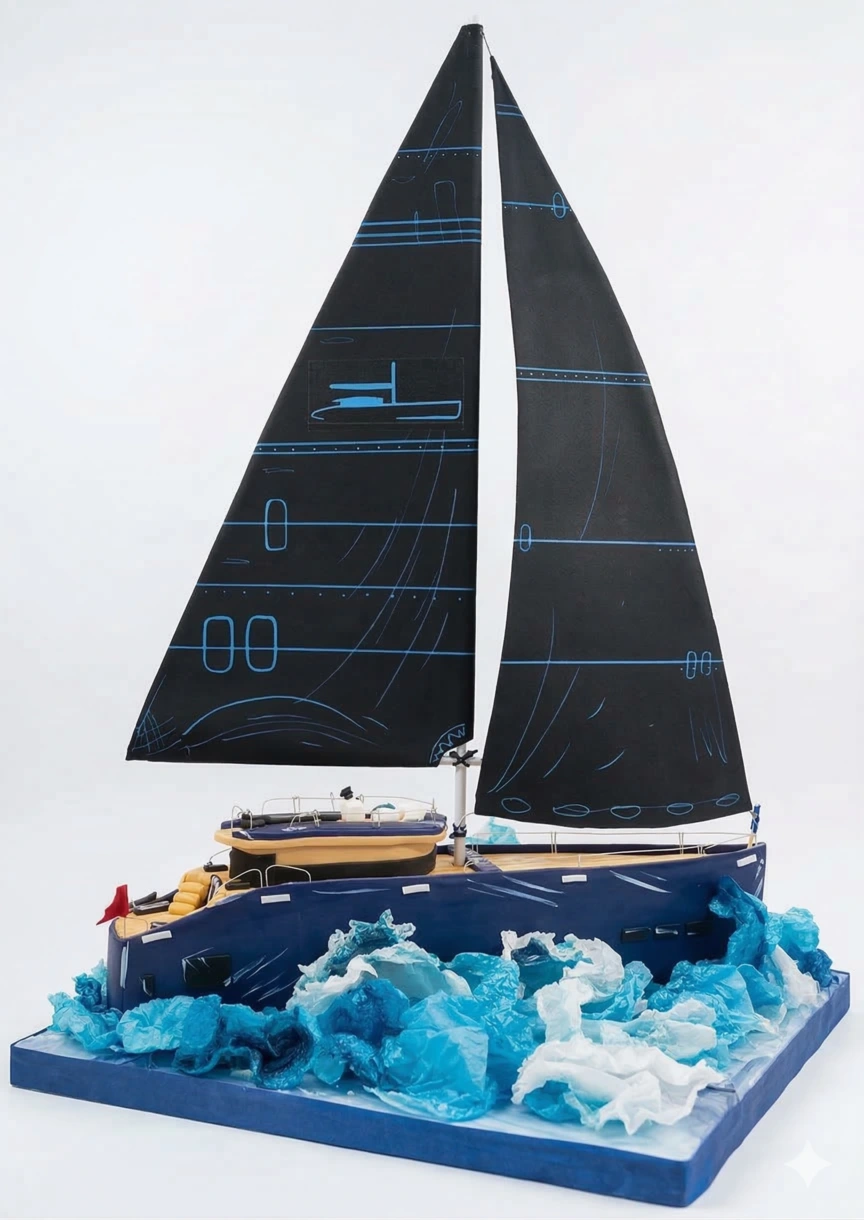 Tarta barco 3D con olas comestibles personalizada en Madrid