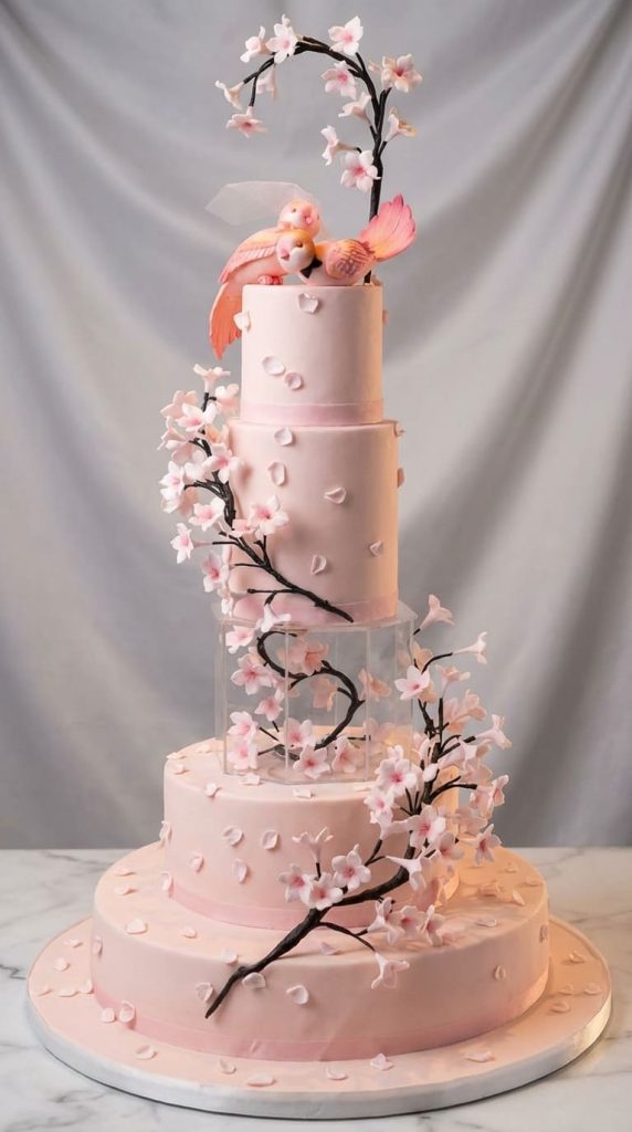 Tarta de Boda Rosa con Flores de Cerezo y Pajaritos Enamorados Madrid