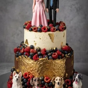 Tarta de boda de dos pisos con frutos rojos, oro y figuras de novios con sus cuatro perros.