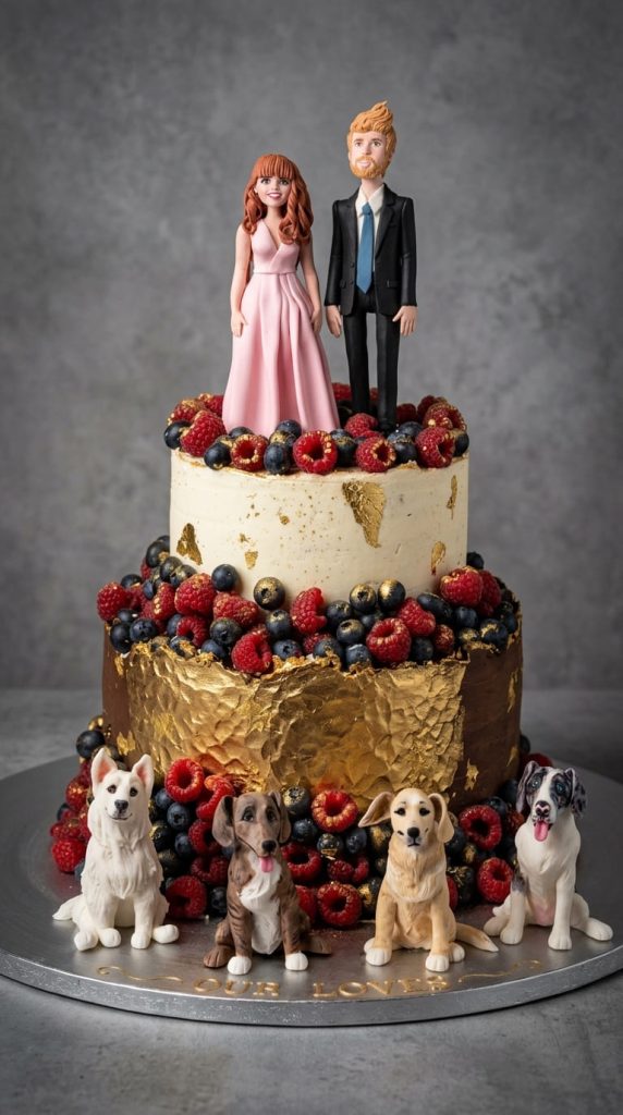 Tarta de Boda con Mascotas Personalizada: Pareja y Perros en Madrid