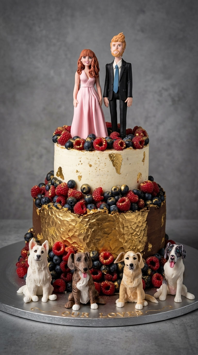 Tarta de Boda con Mascotas Personalizada: Pareja y Perros en Madrid