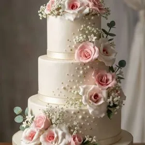 Tarta de boda blanca de tres pisos con cascada de rosas rosas y figuras de novios abrazados.