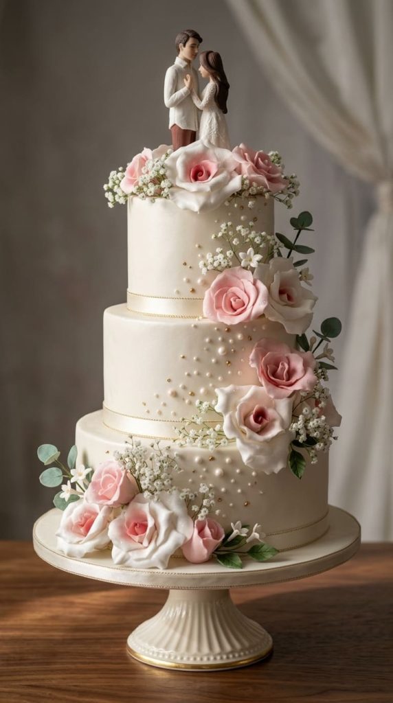 Tarta de Boda Romántica con Rosas Rosas y Flores Blancas