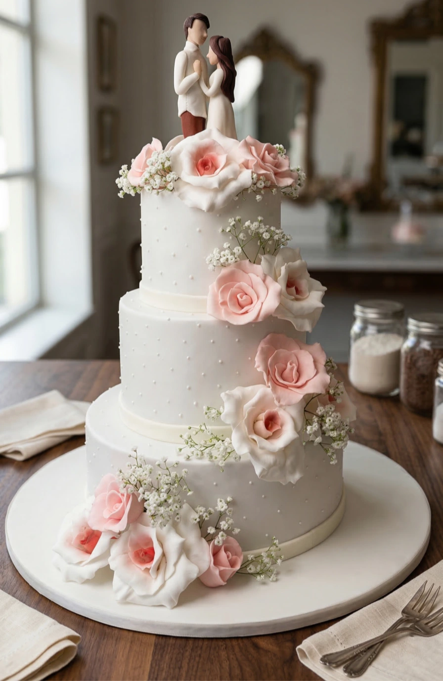 Tarta de boda personalizada elegante en Madrid con fondant y flores