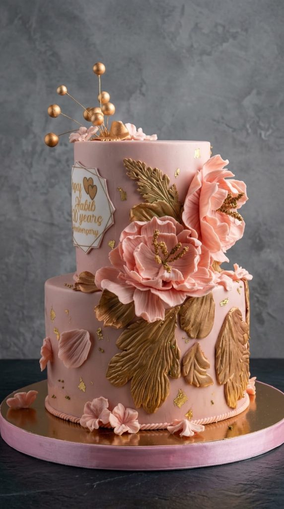 Tarta de Aniversario Lujosa Rosa y Oro 20 Años de Casados Madrid