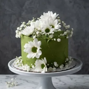 Tarta de boda individual de color verde texturizado decorada con margaritas blancas frescas y paniculada en un soporte blanco