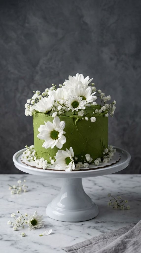 Tarta de Boda Rústica Verde con Margaritas Naturales en Madrid