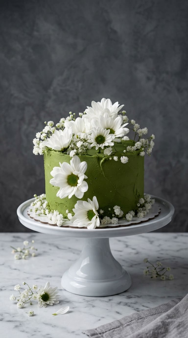 Tarta de Boda Rústica Verde con Margaritas Naturales en Madrid