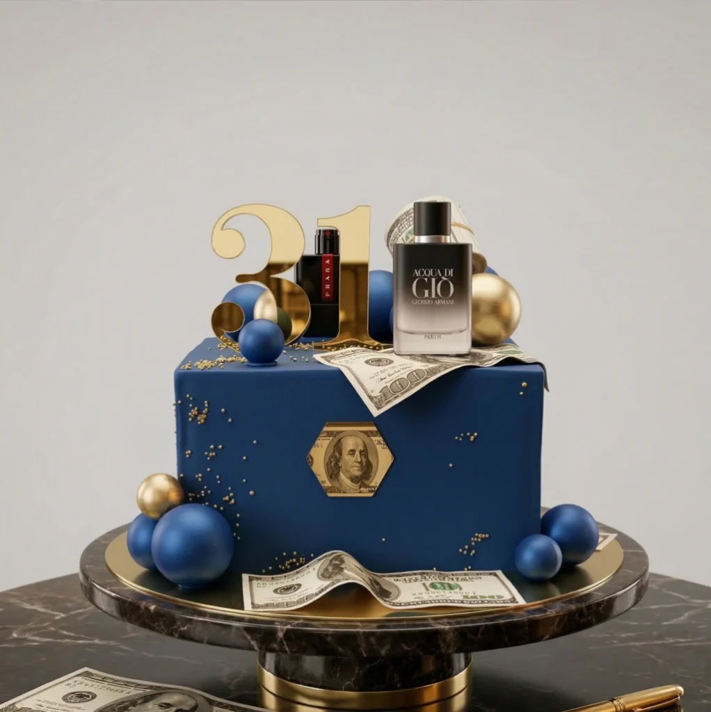 Tarta elegante para hombre con fondant azul y dorado para cumpleaños en Madrid