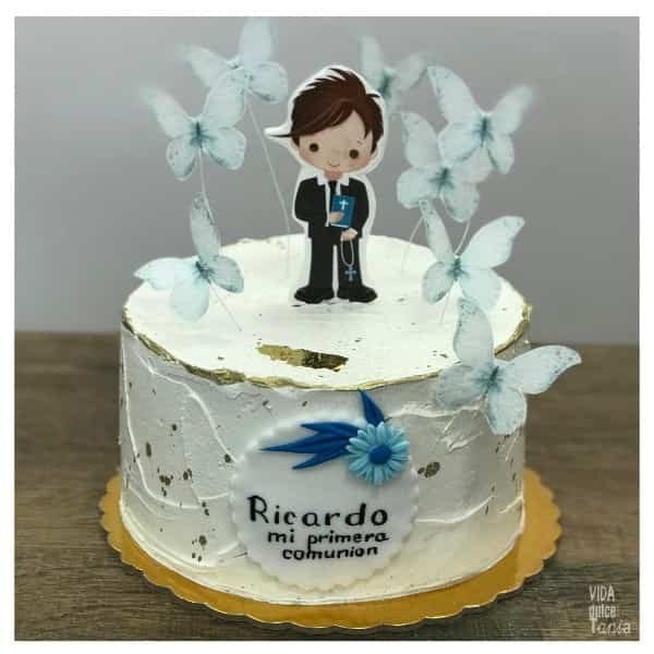 Tarta mi primer comunión mariposas azules