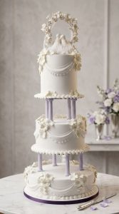 Tarta Nupcial Clásica de Pisos con Columnas y Palomas en Madrid