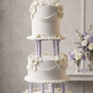 Tarta de boda blanca de gran altura con columnas arquitectónicas y pareja de palomas en la cima.