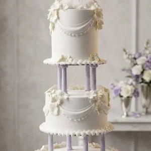 Tarta de boda blanca de gran altura con columnas arquitectónicas y pareja de palomas en la cima.