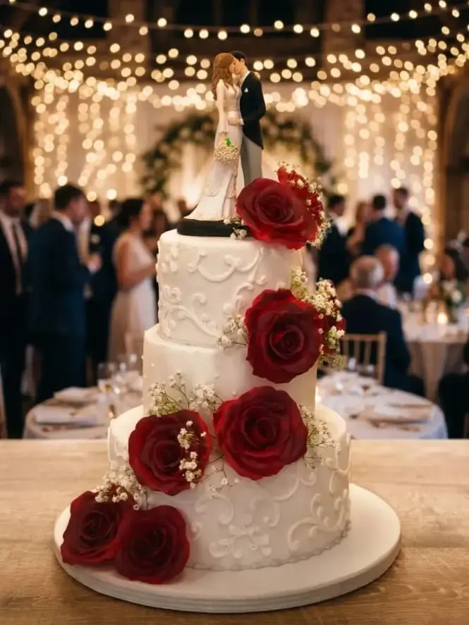 Tarta de boda rosas rojas con figurita de novios