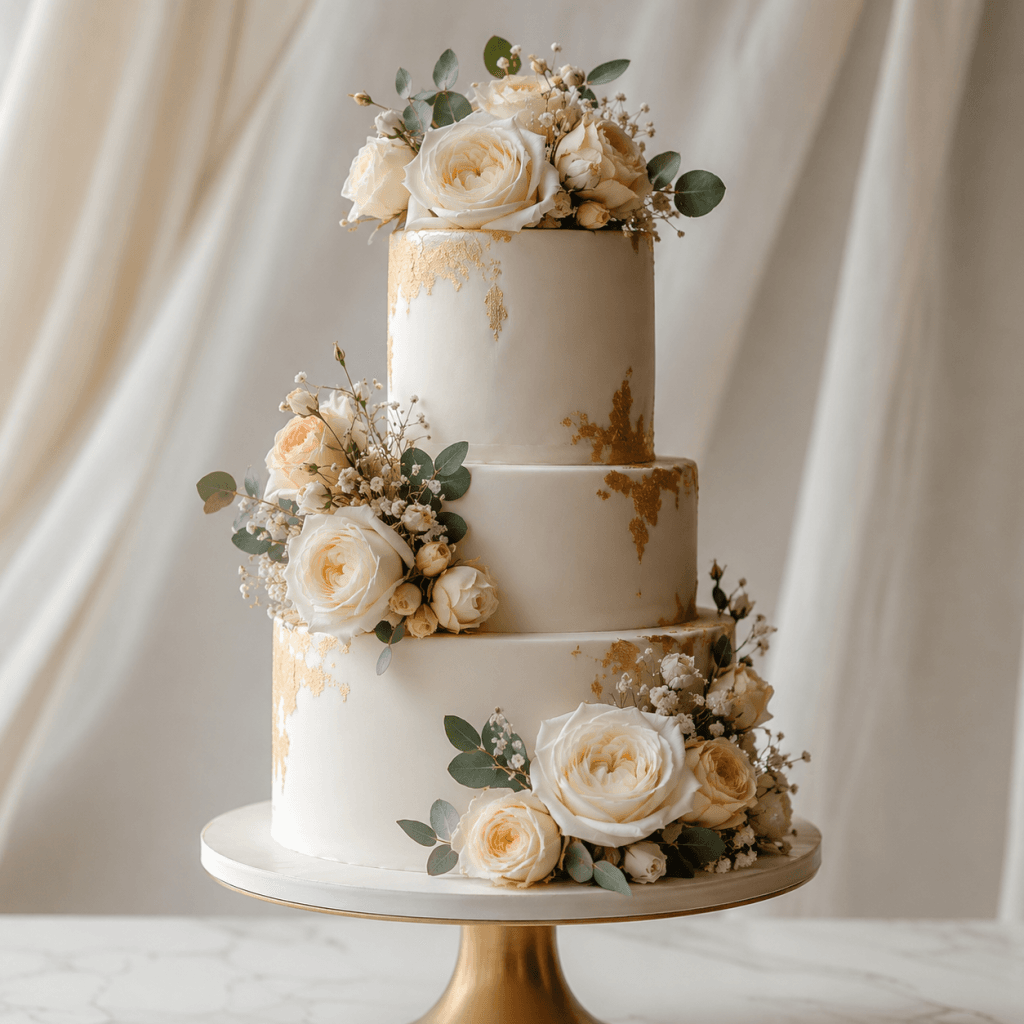 Tarta de boda personalizada de tres pisos con flores en Madrid