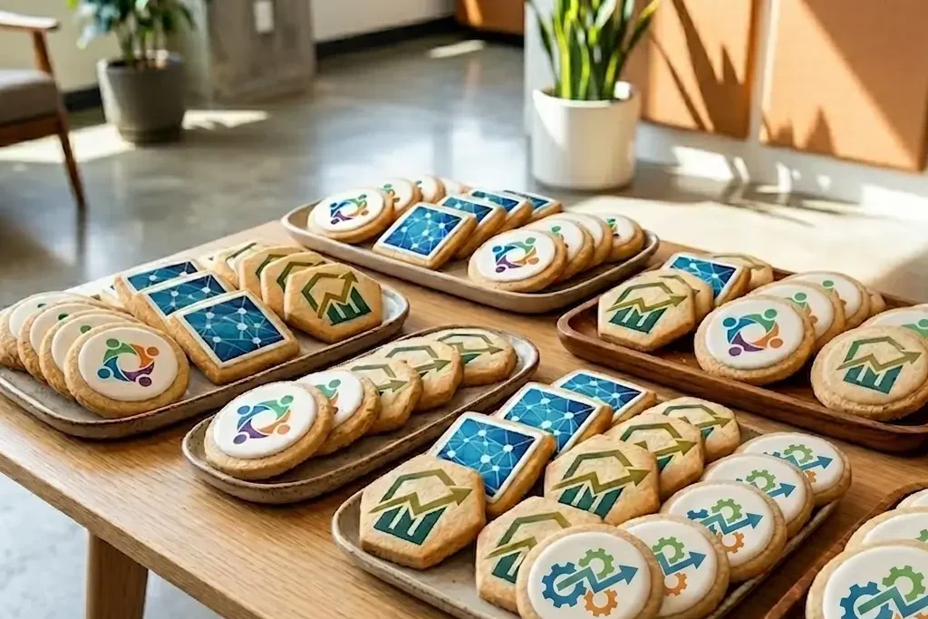 Mesa de muestra de galletas personalizadas de empresas