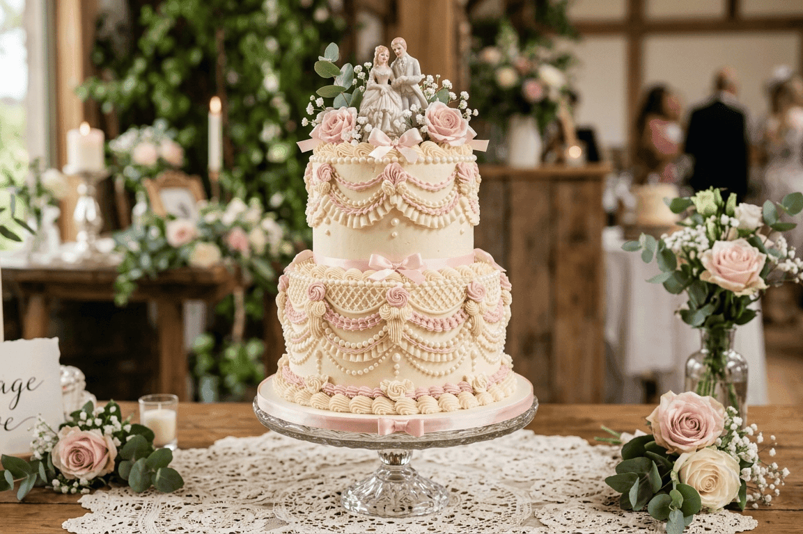 Tarta de boda vintage coquette con glaseado estilo Lambeth