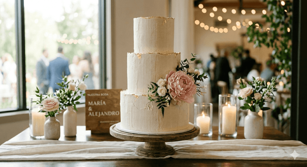 Tarta de boda minimalista texturizada con detalles en pan de oro