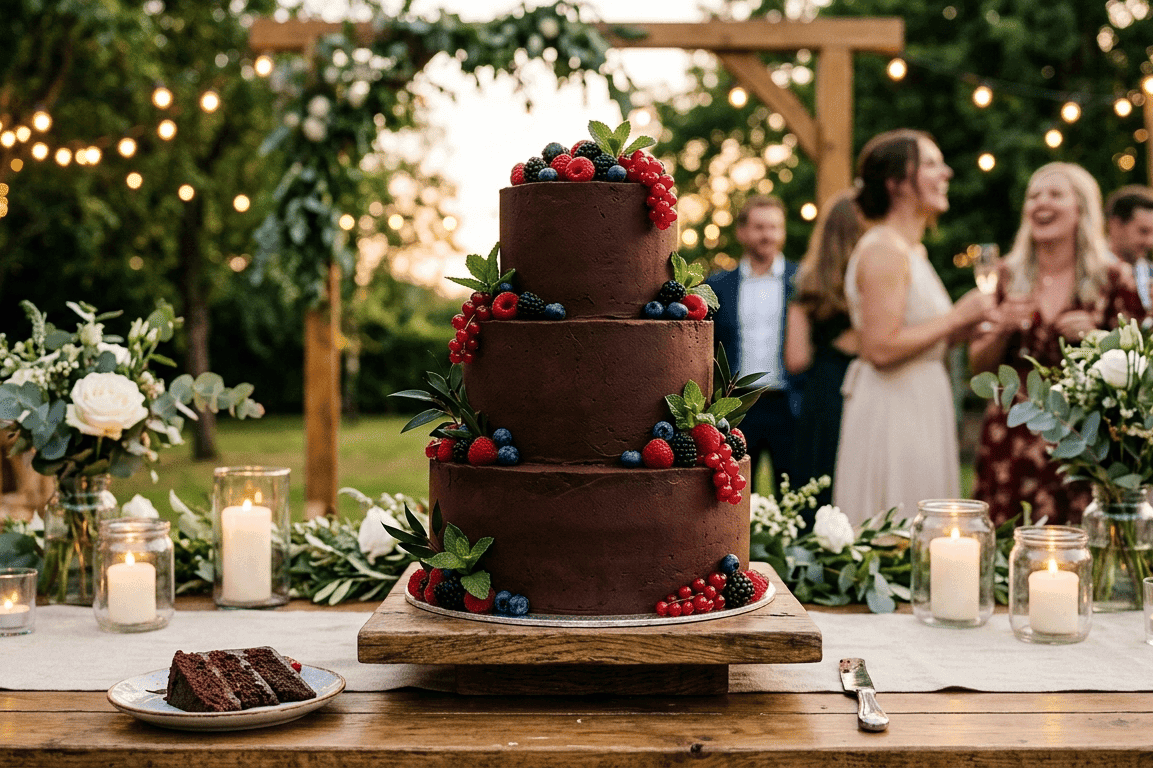 Tarta de boda vegana sin gluten de chocolate con frutos del bosque