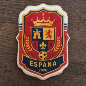 Galleta artesanal con escudo de España y texto España 2026, impresión comestible en rojo, dorado y azul marino