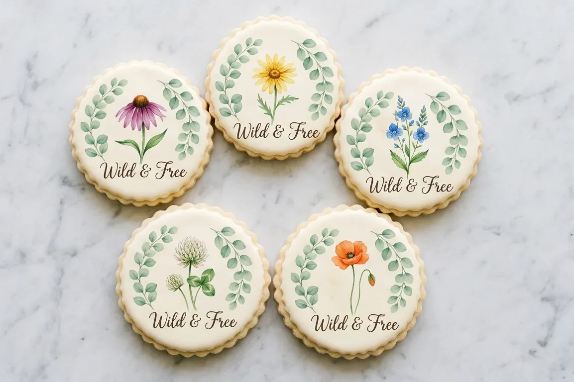 Galletas con impresión de flor con mensaje personalizado