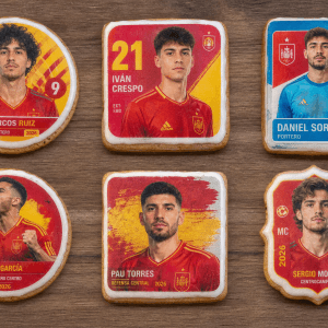 Galletas artesanales con impresión comestible de jugadores de la Selección Española para el Mundial 2026, diseño de cromo, elaboradas en Madrid