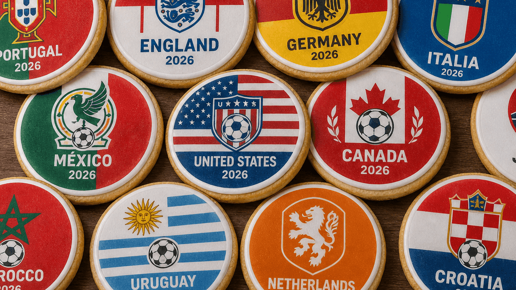 Galletas personalizadas circulares con emblemas de países del Mundial 2026