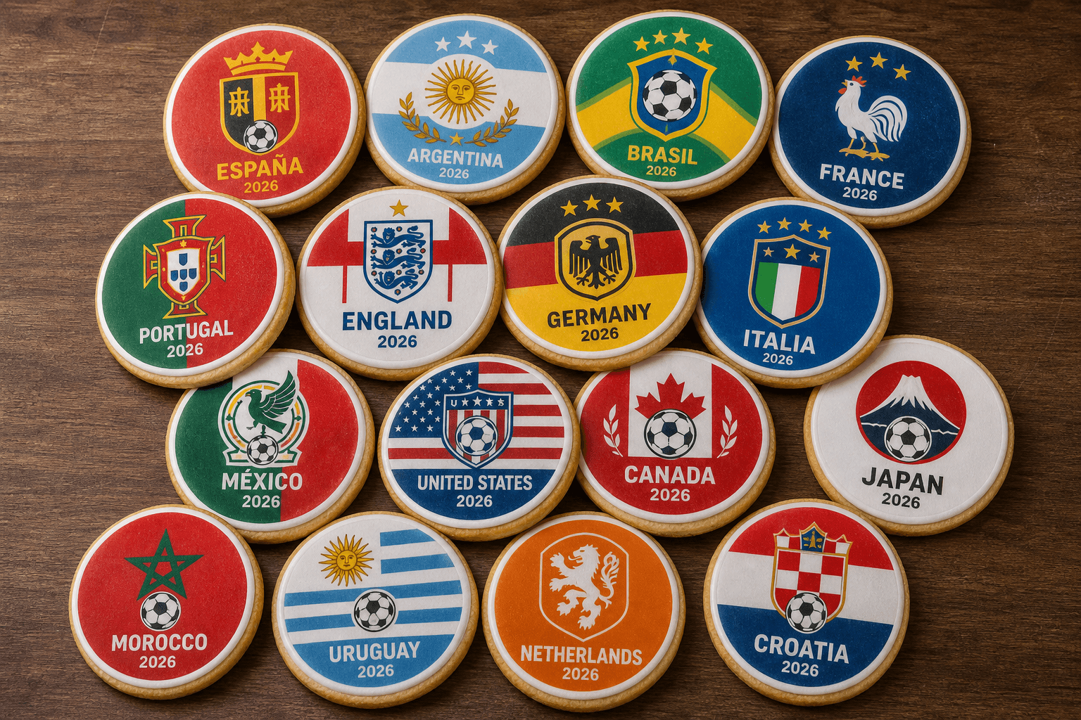 Galletas personalizadas circulares con emblemas de países del Mundial 2026